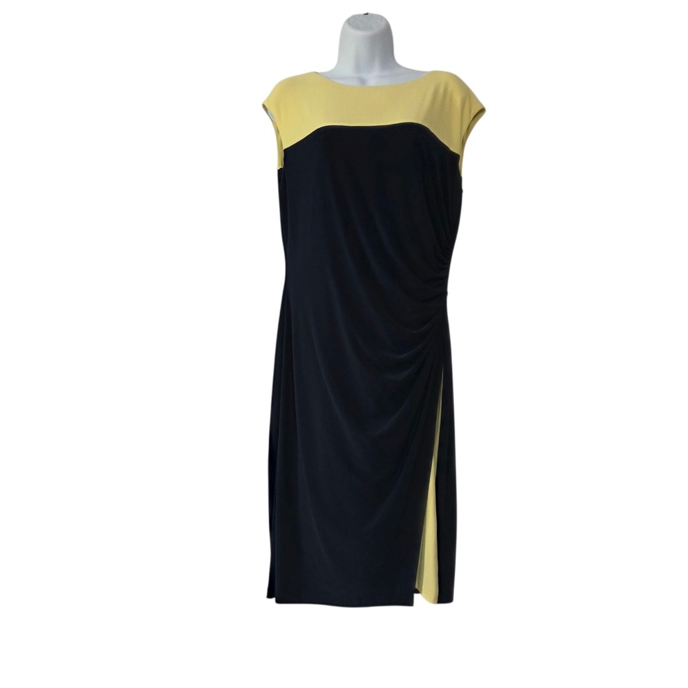 Lauren Ralph Lauren Womens Sheath Dress Black Yellow 12 Colorblock Ruched‎ Slit
